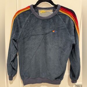 Aviator Nation Velour Rainbow Stripe Sweatshirt – Navy Blue, Size small